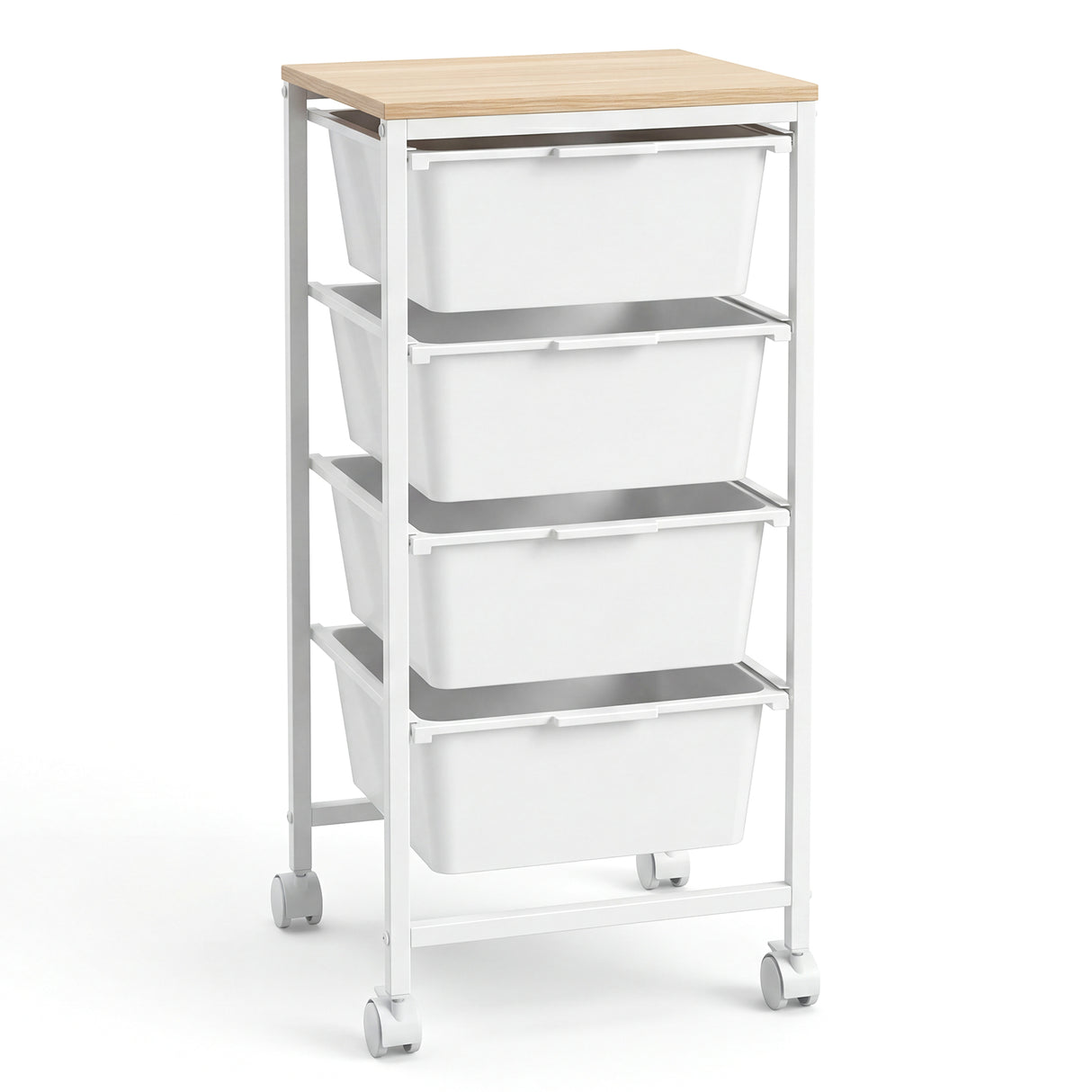4-Drawer Rolling Storage Cart Mobile Utility Organizer with Wooden Tabletop and Lockable Wheels-White