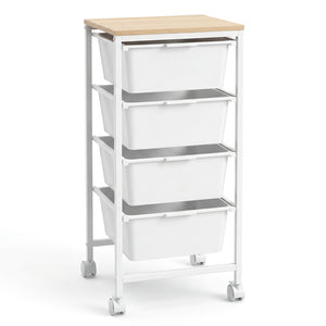 4-Drawer Rolling Storage Cart Mobile Utility Organizer with Wooden Tabletop and Lockable Wheels-White