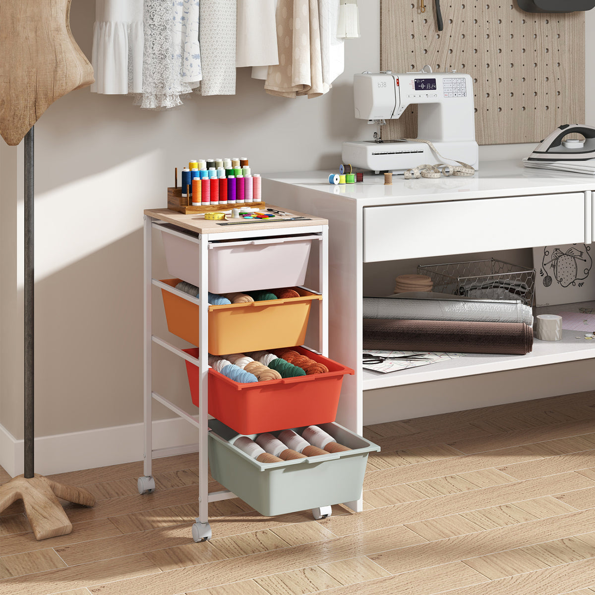 4-Drawer Rolling Storage Cart Mobile Utility Organizer with Wooden Tabletop and Lockable Wheels-Macaron