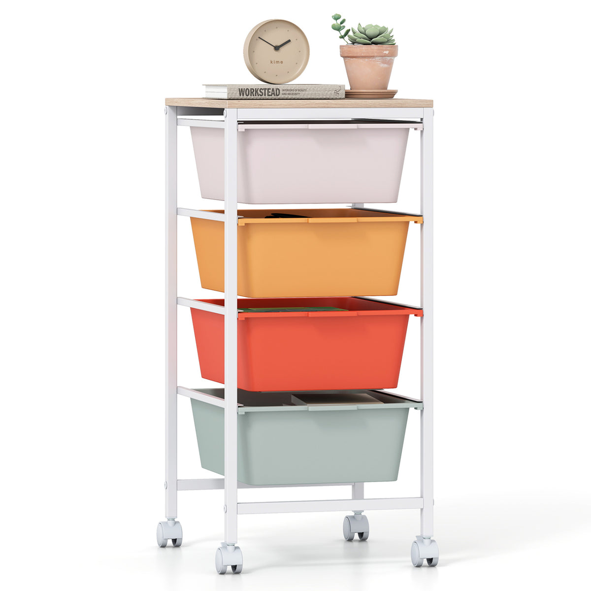 4-Drawer Rolling Storage Cart Mobile Utility Organizer with Wooden Tabletop and Lockable Wheels-Macaron