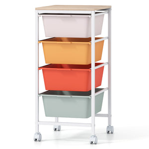 4-Drawer Rolling Storage Cart Mobile Utility Organizer with Wooden Tabletop and Lockable Wheels-Macaron