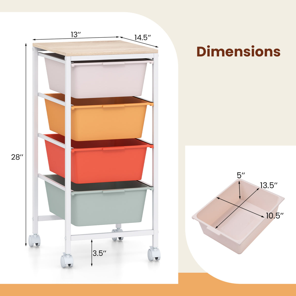 4-Drawer Rolling Storage Cart Mobile Utility Organizer with Wooden Tabletop and Lockable Wheels-Macaron