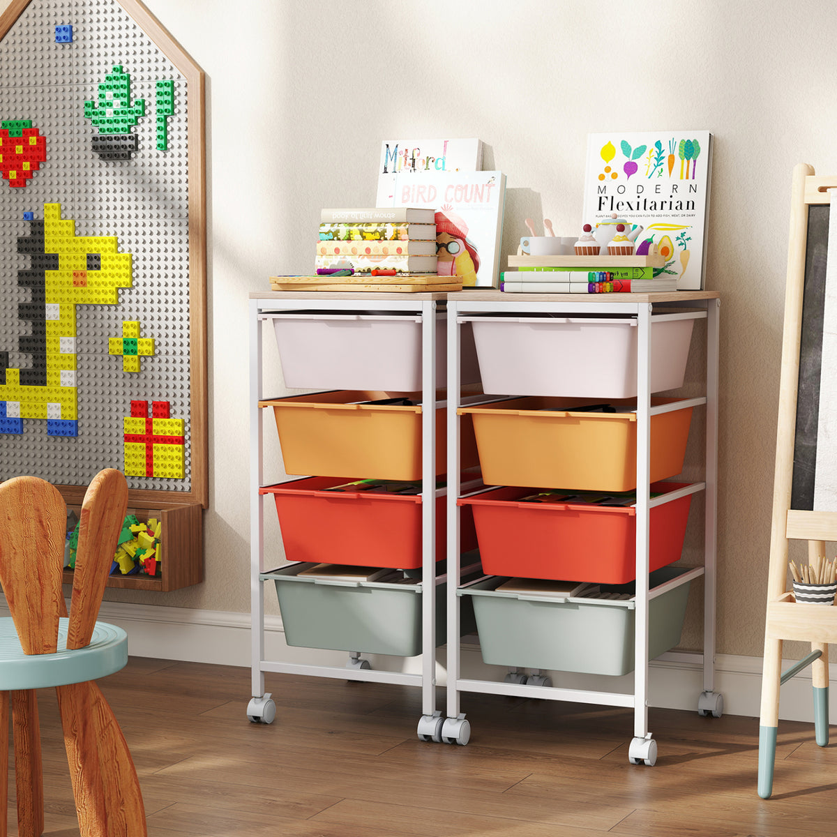 4-Drawer Rolling Storage Cart Mobile Utility Organizer with Wooden Tabletop and Lockable Wheels-Macaron