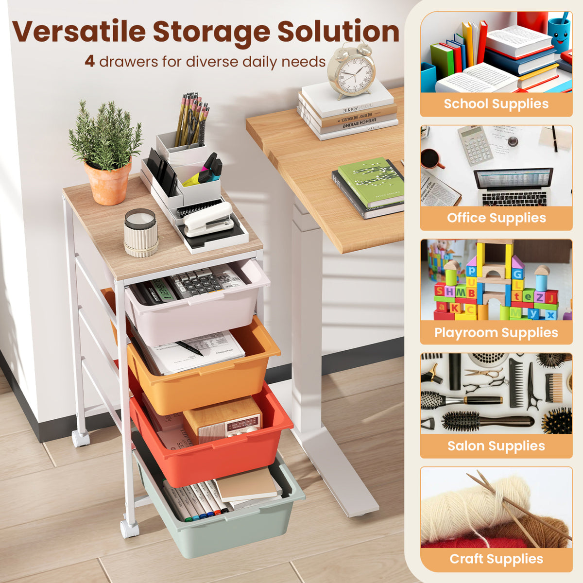 4-Drawer Rolling Storage Cart Mobile Utility Organizer with Wooden Tabletop and Lockable Wheels-Macaron