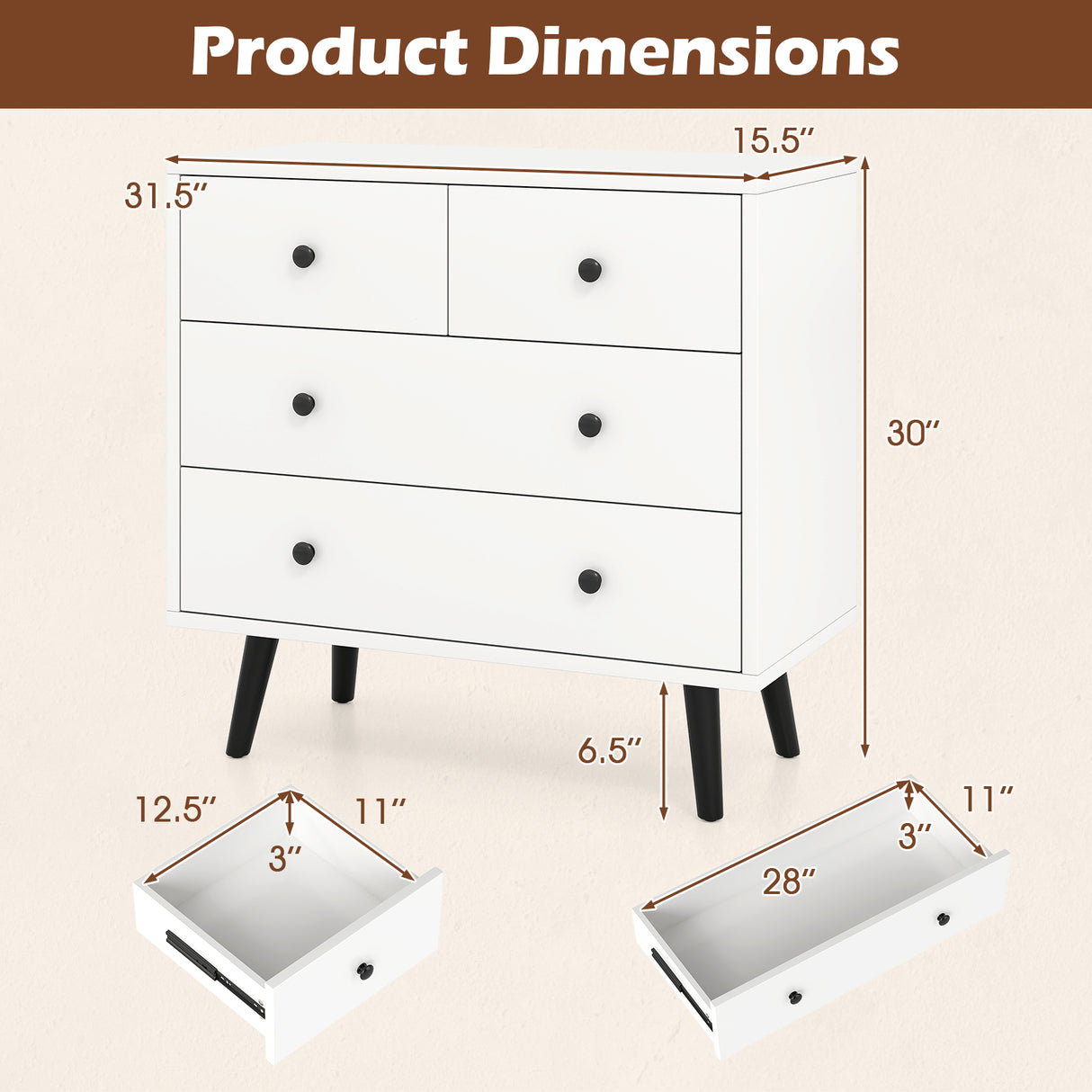 4 Drawers Dresser Chest of Drawers Free Standing Sideboard Cabinet-White