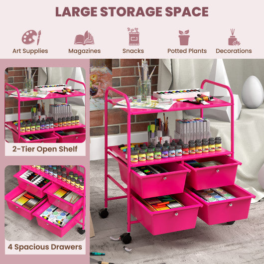 4 Drawers Shelves Rolling Storage Cart Rack-Hot Pink