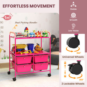 4 Drawers Shelves Rolling Storage Cart Rack-Hot Pink