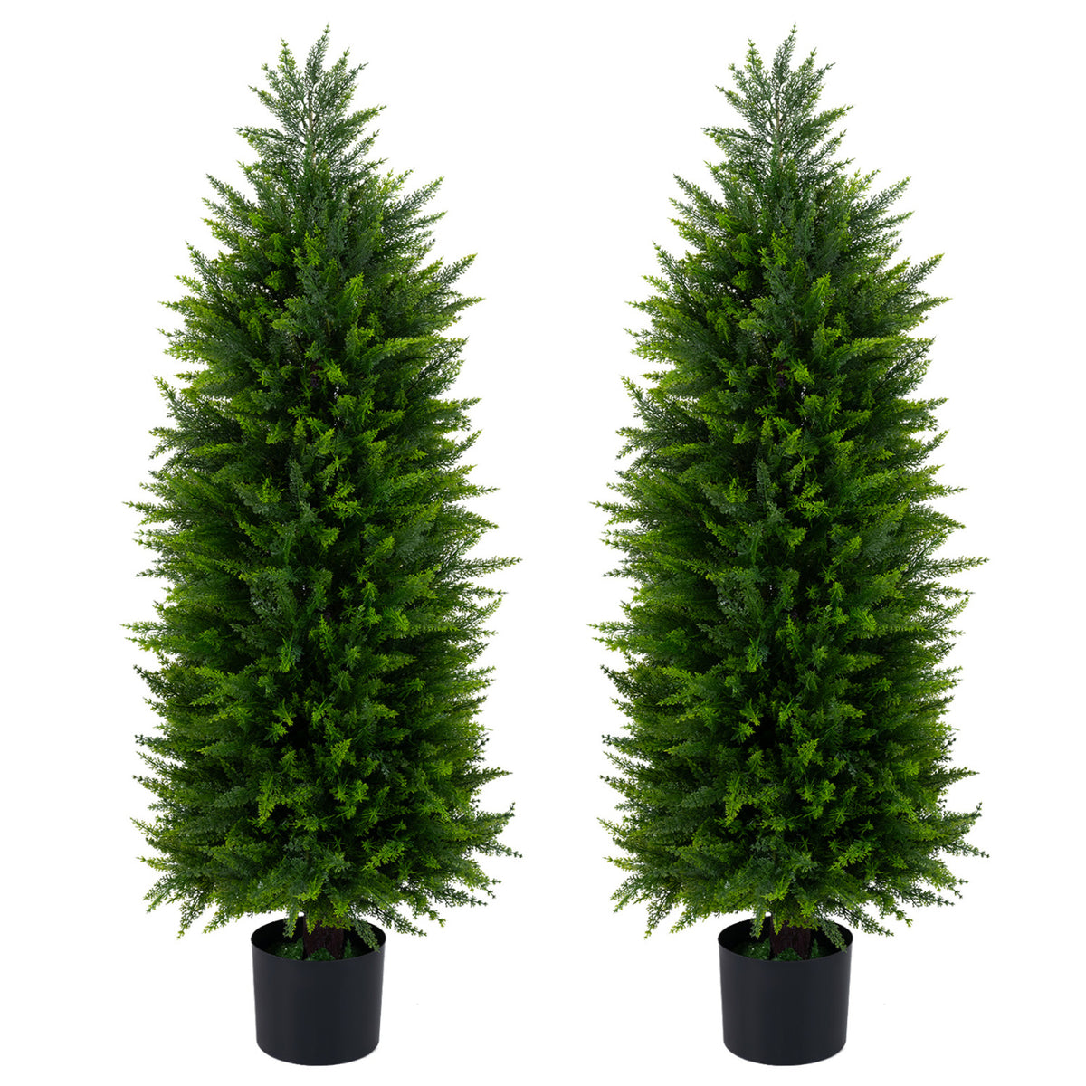 4 FT Artificial Topiary Tree Set of 2 Faux Cedar Cypress Plants in Cement-Filled Pots-Green