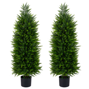 4 FT Artificial Topiary Tree Set of 2 Faux Cedar Cypress Plants in Cement-Filled Pots-Green
