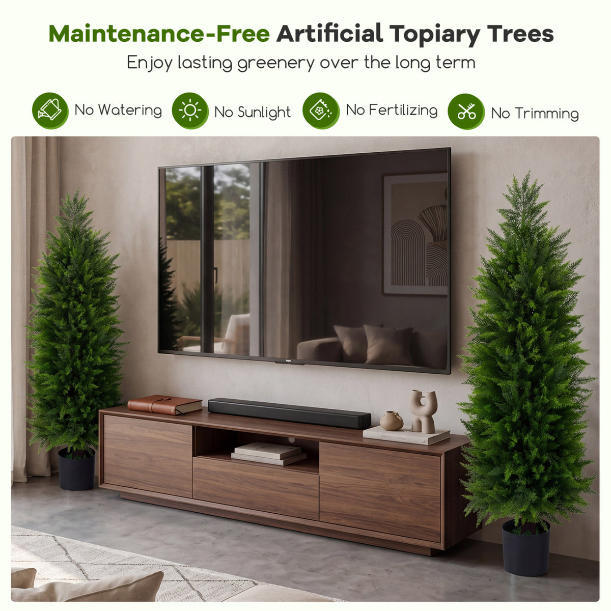 4 FT Artificial Topiary Tree Set of 2 Faux Cedar Cypress Plants in Cement-Filled Pots-Green