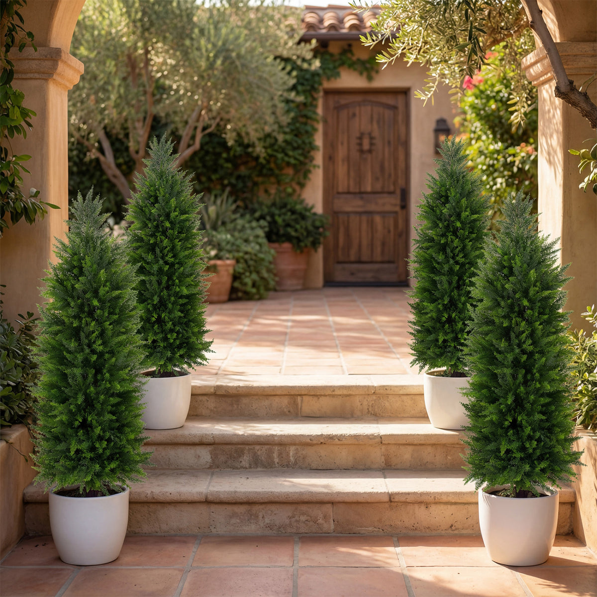 4 FT Artificial Topiary Tree Set of 2 Faux Cedar Cypress Plants in Cement-Filled Pots-Green