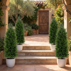 4 FT Artificial Topiary Tree Set of 2 Faux Cedar Cypress Plants in Cement-Filled Pots-Green
