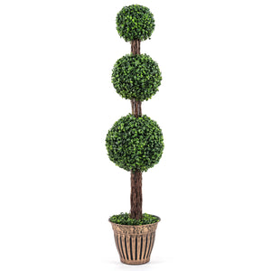 4 FT Artificial Triple Ball Boxwood Tree with Cement-filled Retro Planter-Green