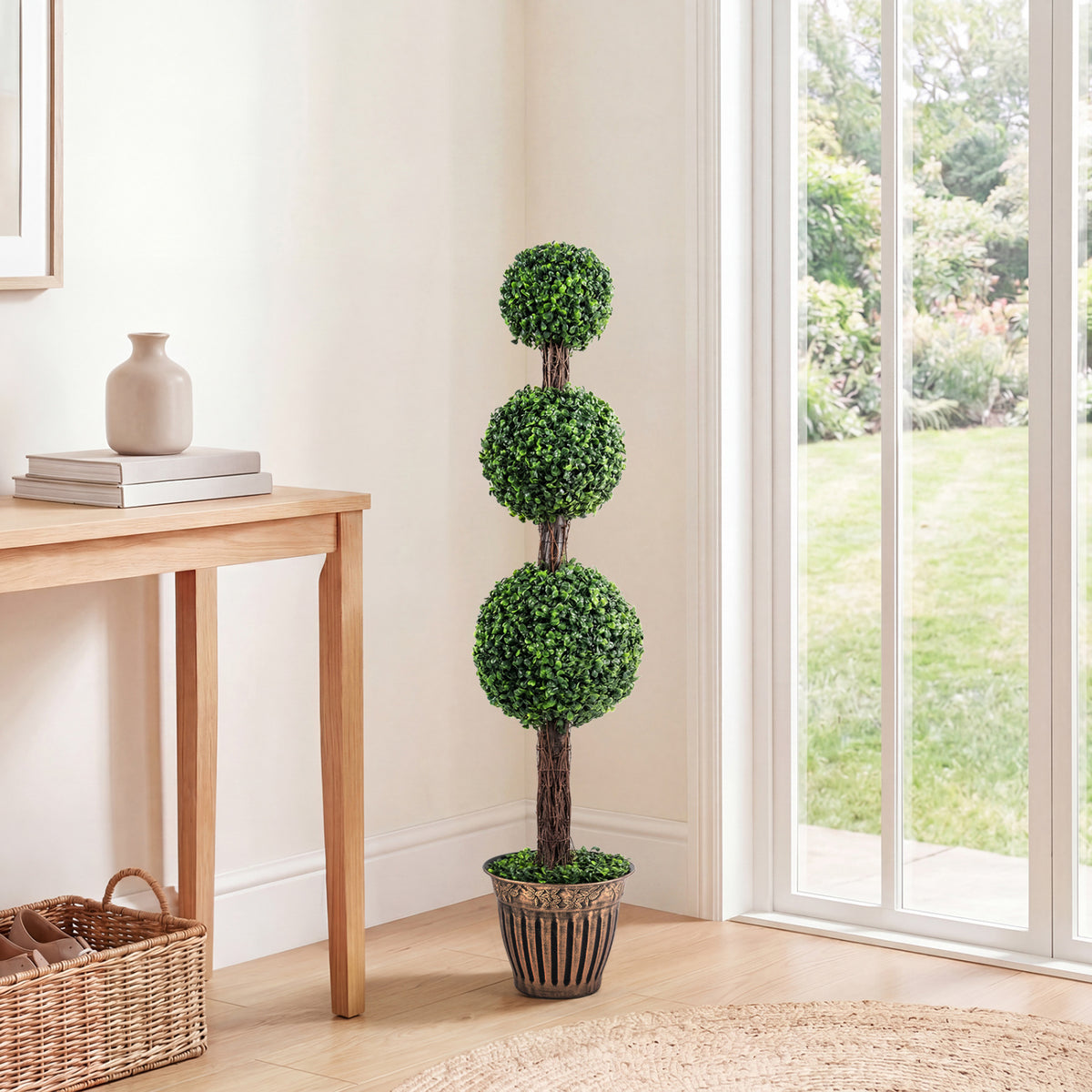 4 FT Artificial Triple Ball Boxwood Tree with Cement-filled Retro Planter-Green