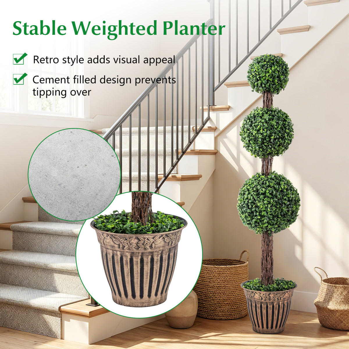 4 FT Artificial Triple Ball Boxwood Tree with Cement-filled Retro Planter-Green
