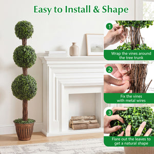 4 FT Artificial Triple Ball Boxwood Tree with Cement-filled Retro Planter-Green
