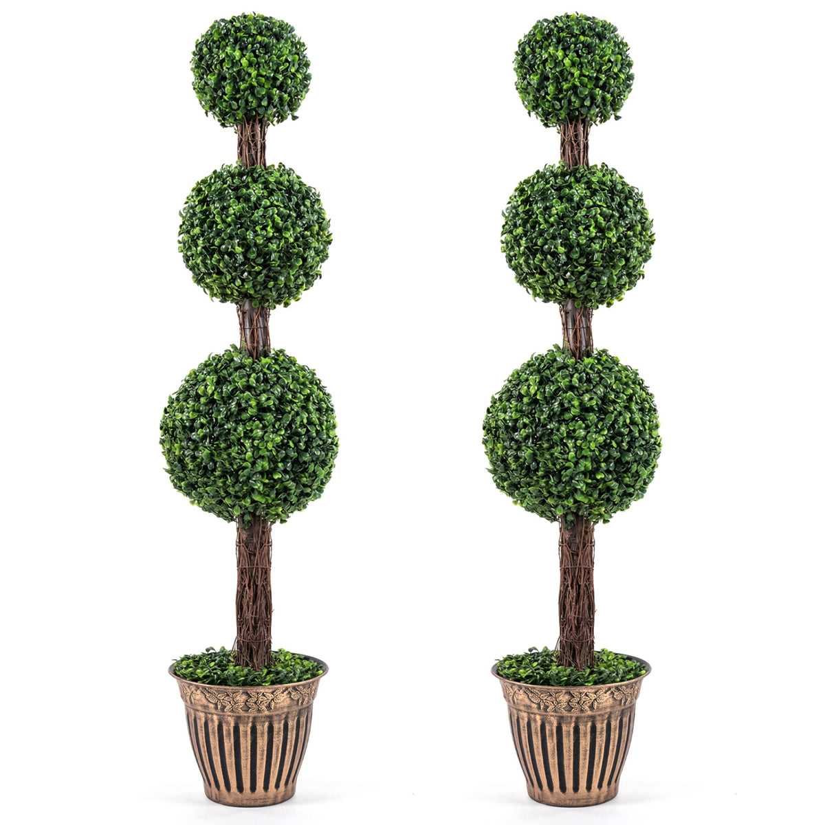 4 FT Artificial Triple Ball Boxwood Tree with Cement-filled Retro Planter Set of 2-Green