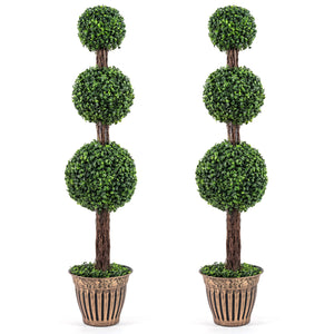 4 FT Artificial Triple Ball Boxwood Tree with Cement-filled Retro Planter Set of 2-Green