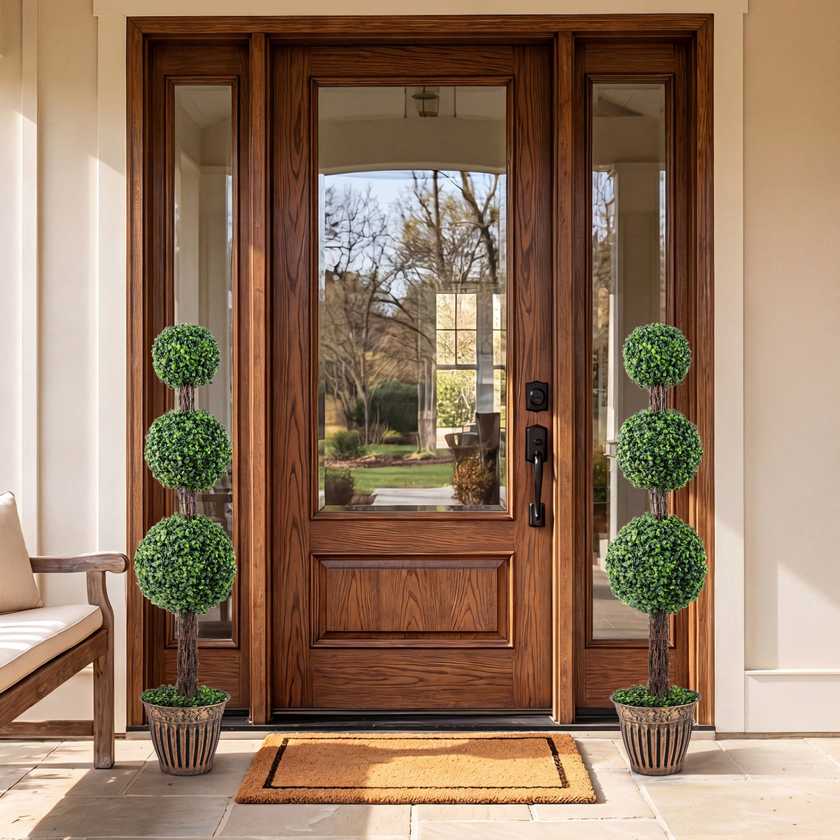 4 FT Artificial Triple Ball Boxwood Tree with Cement-filled Retro Planter Set of 2-Green