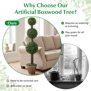 4 FT Artificial Triple Ball Boxwood Tree with Cement-filled Retro Planter Set of 2-Green