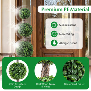 4 FT Artificial Triple Ball Boxwood Tree with Cement-filled Retro Planter Set of 2-Green