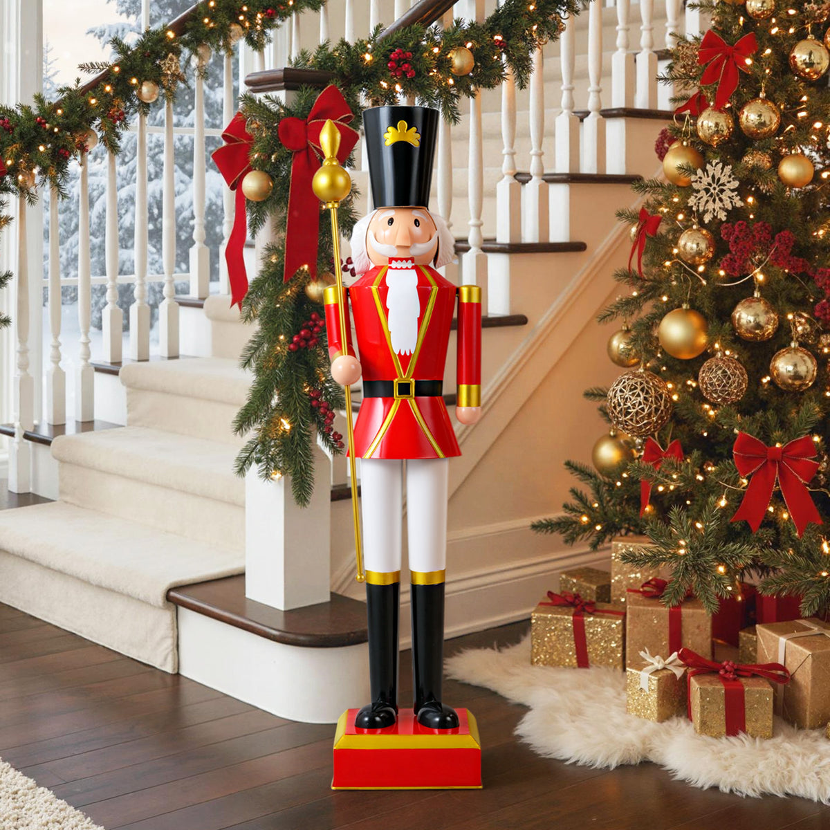 4 FT Christmas Nutcracker with High Hat & Beautiful Scepter-Black & Red