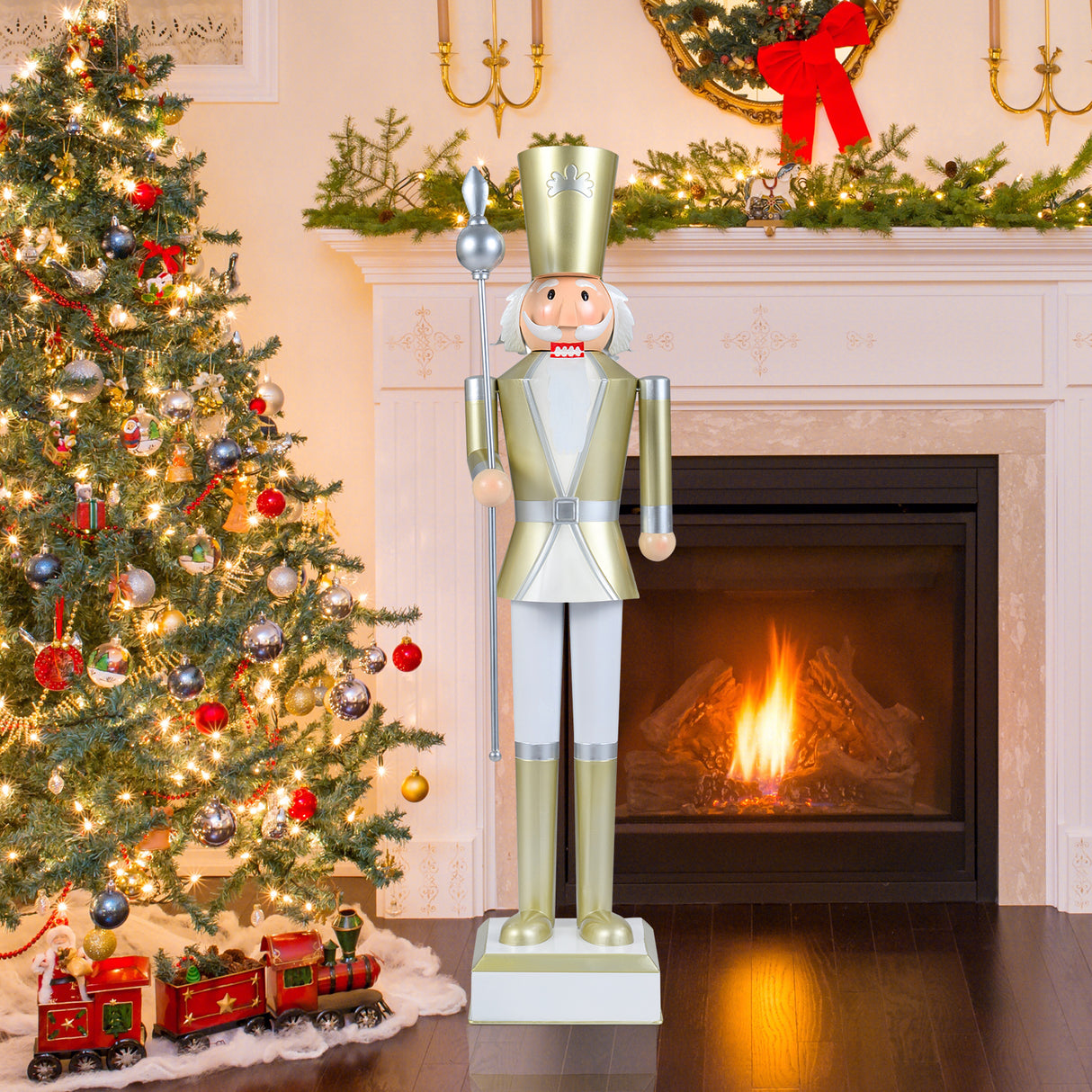 4 FT Christmas Nutcracker with High Hat & Beautiful Scepter-White & Golden