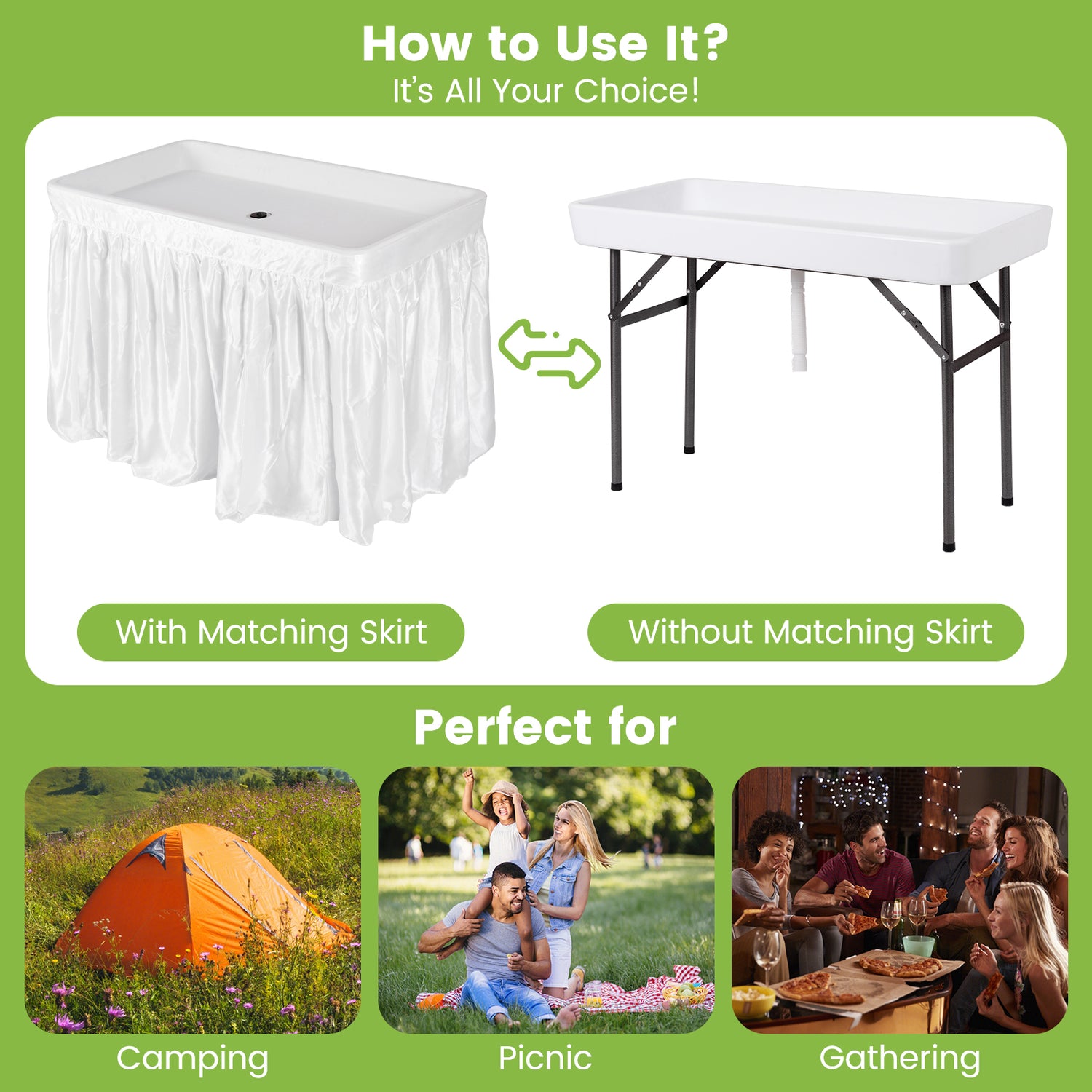 4 Feet Plastic Party Ice Folding Table with Matching Skirt and Ice Bucket-White