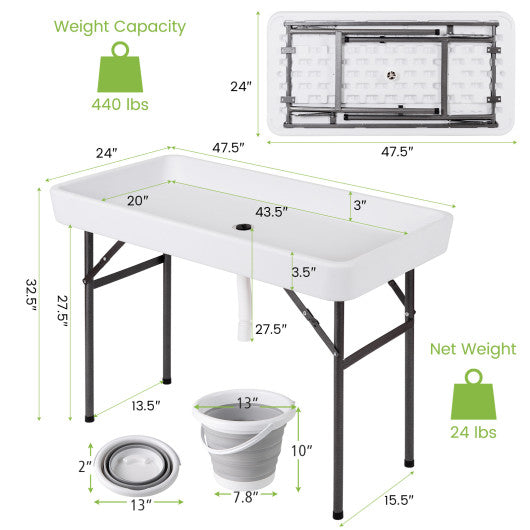 4 Feet Plastic Party Ice Folding Table with Matching Skirt and Ice Bucket-White