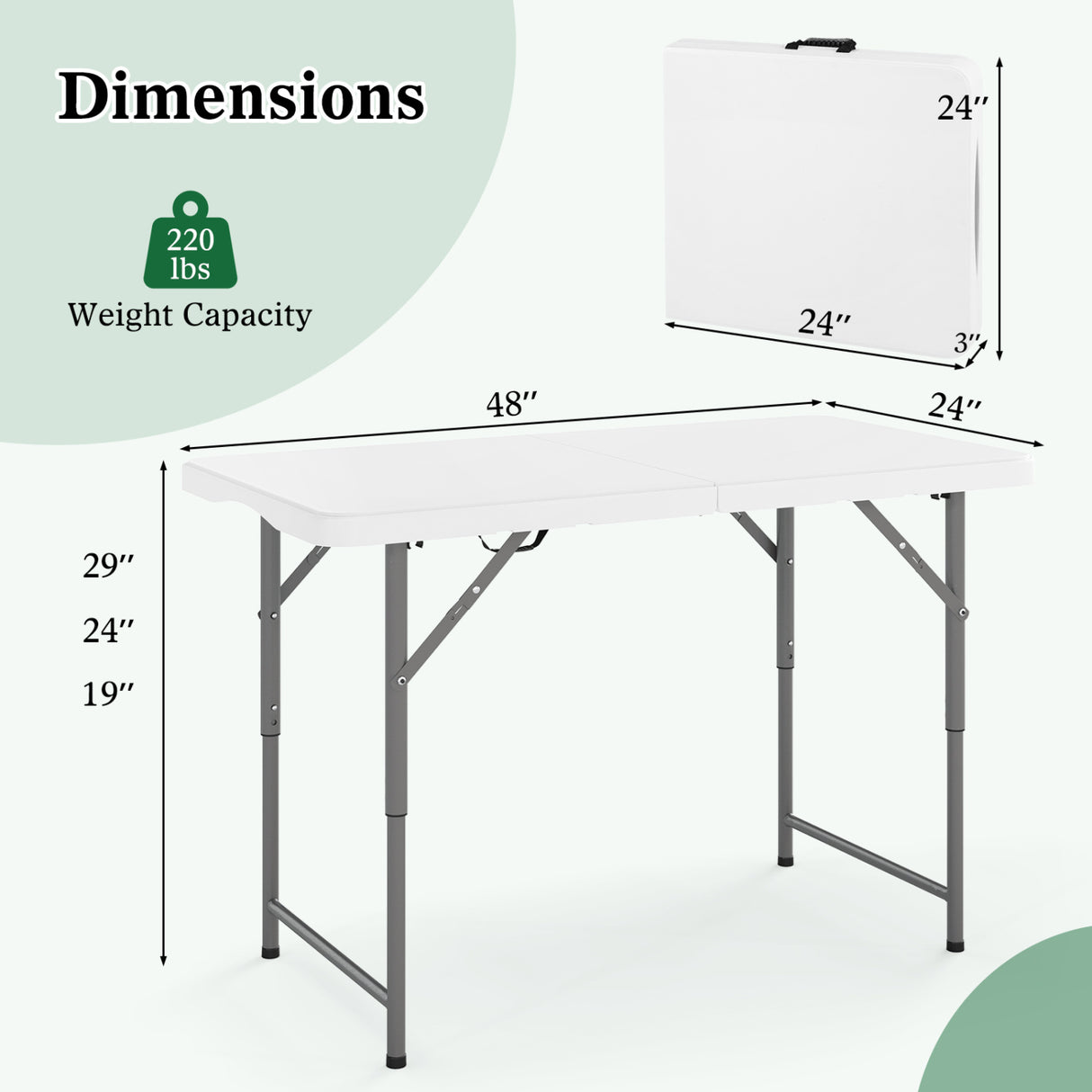 4 Feet Portable Camping Table with HDPE Tabletop and Metal Legs-White