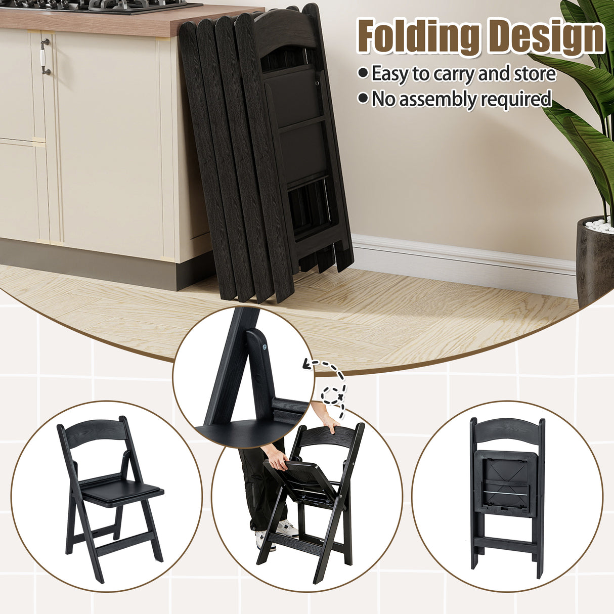 4 Pack Resin Folding Chairs with Padded Seat-Black