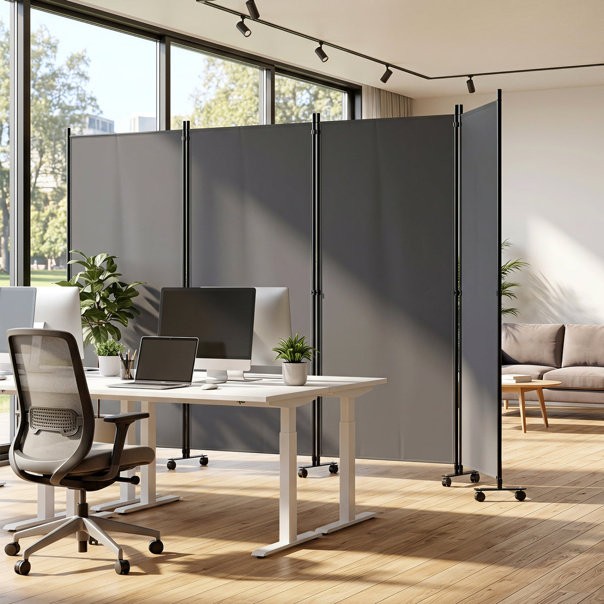 4 Panel Folding Privacy Screen Room Divider with Wheels-Gray