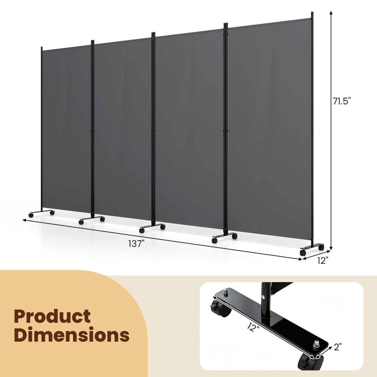 4 Panel Folding Privacy Screen Room Divider with Wheels-Gray