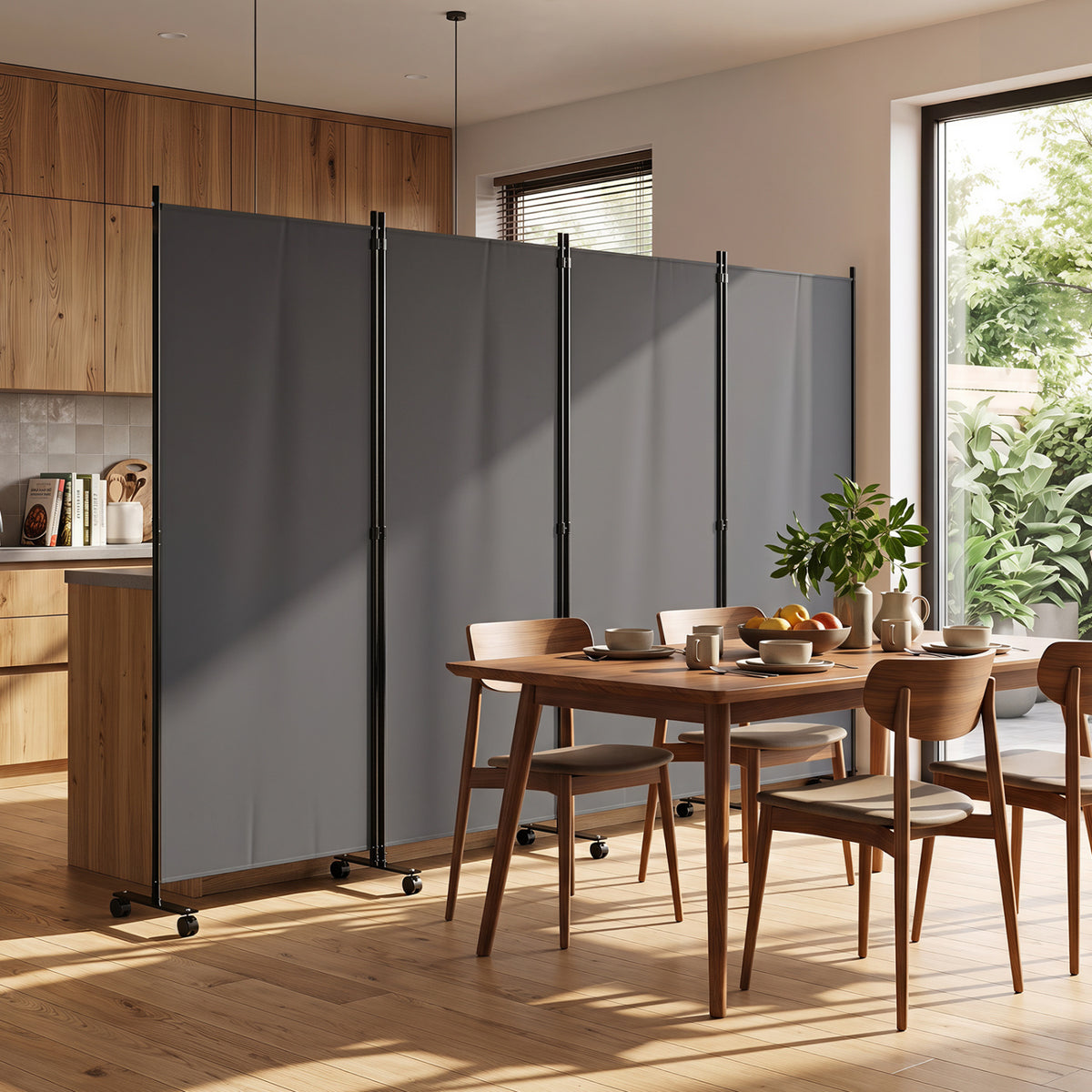 4 Panel Folding Privacy Screen Room Divider with Wheels-Gray
