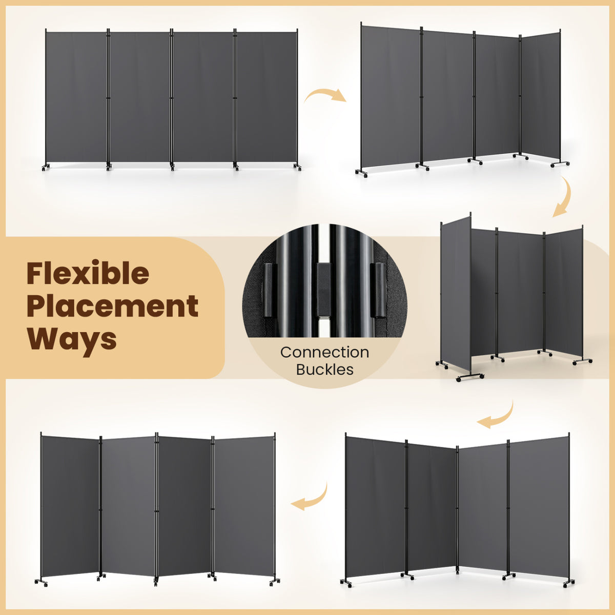 4 Panel Folding Privacy Screen Room Divider with Wheels-Gray