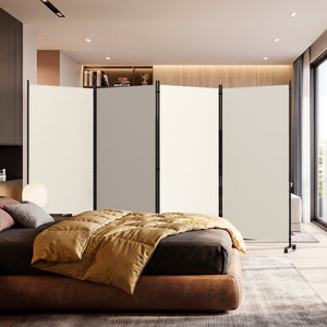 4 Panel Folding Privacy Screen Room Divider with Wheels-White