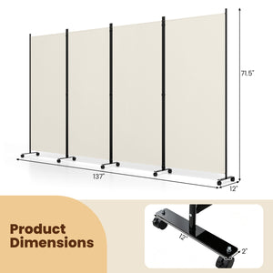 4 Panel Folding Privacy Screen Room Divider with Wheels-White