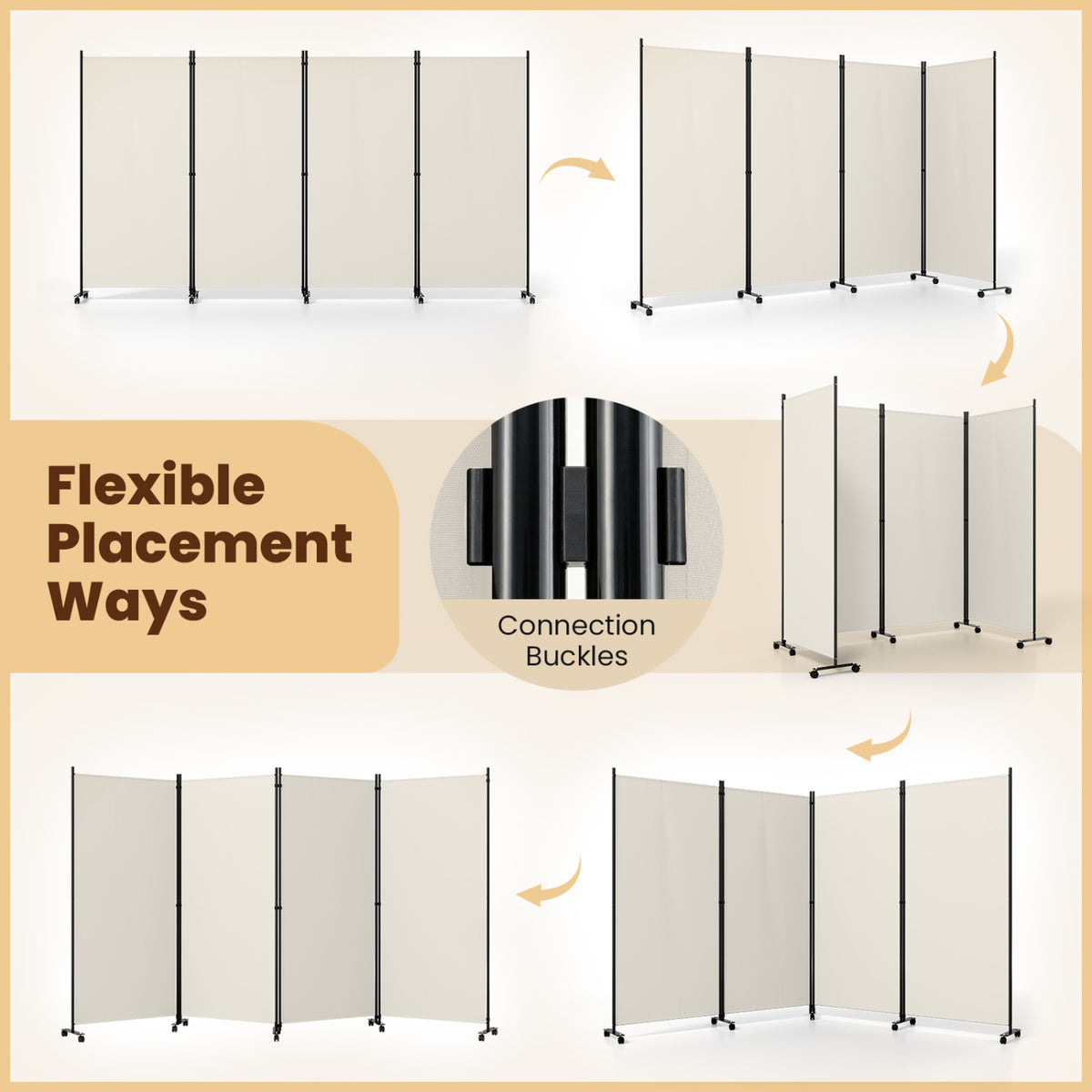 4 Panel Folding Privacy Screen Room Divider with Wheels-White
