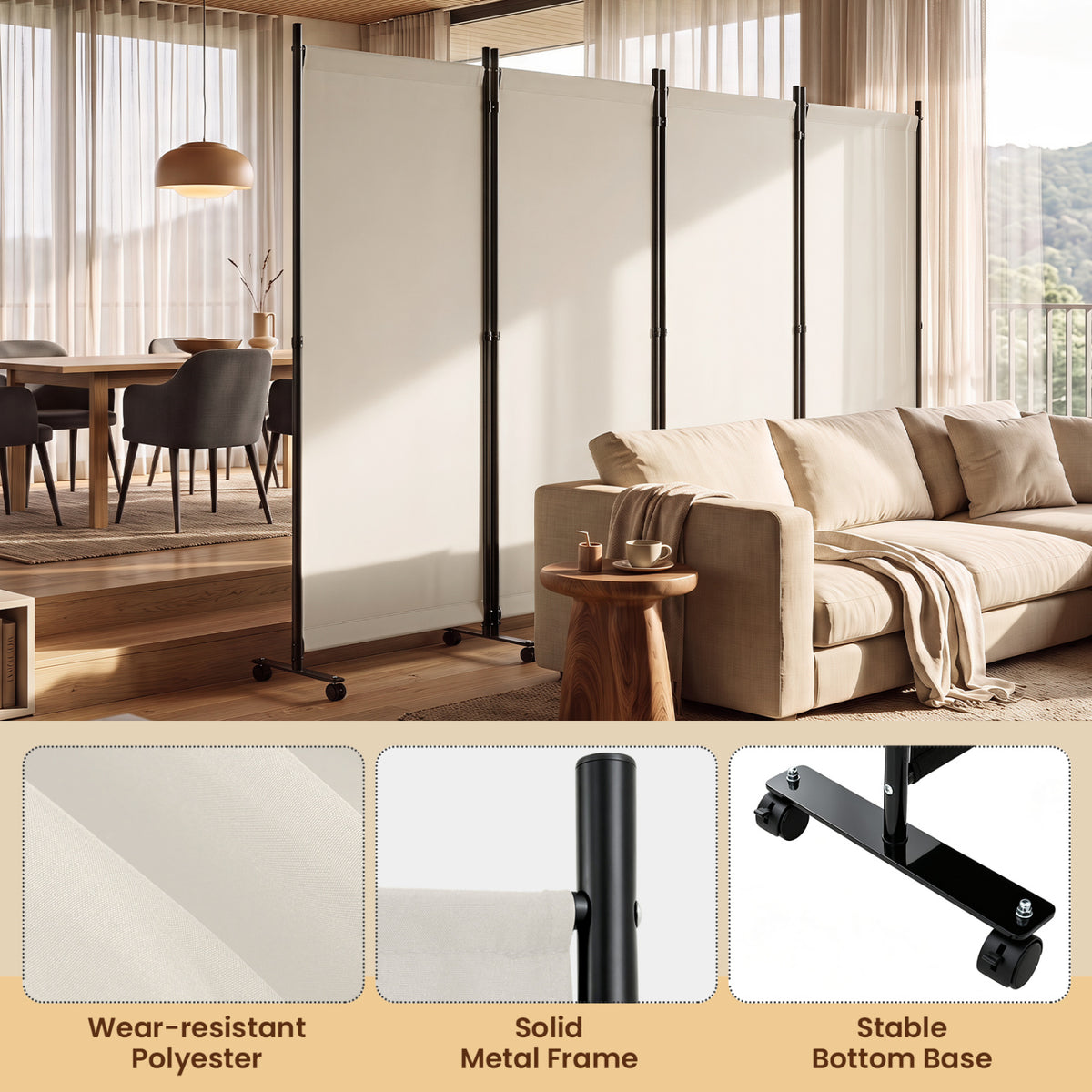 4 Panel Folding Privacy Screen Room Divider with Wheels-White