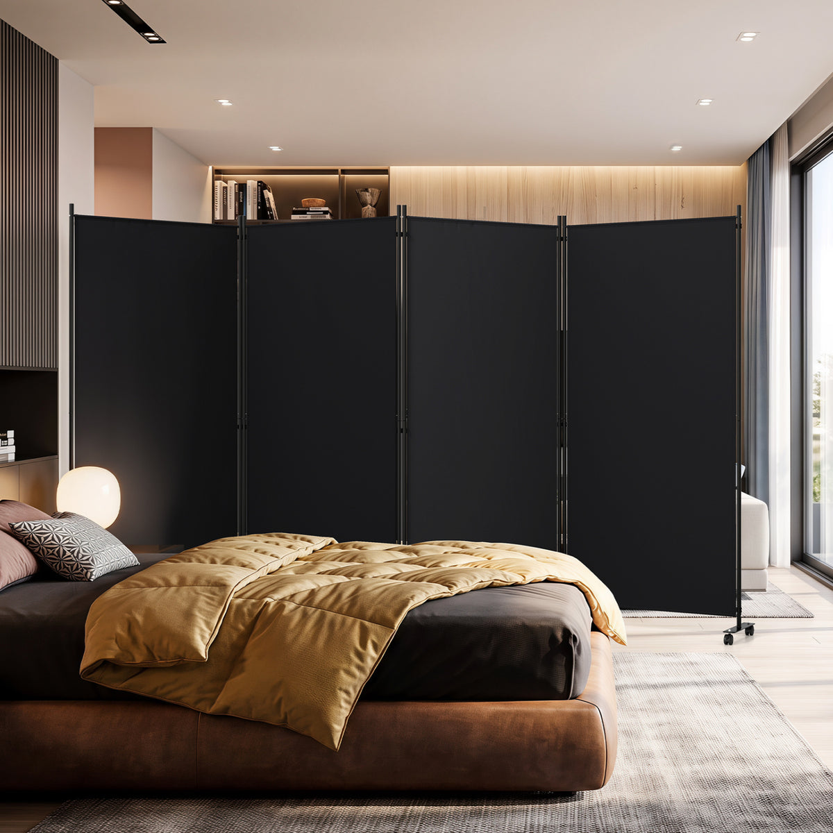 4 Panel Folding Privacy Screen Room Divider with Wheels-Black