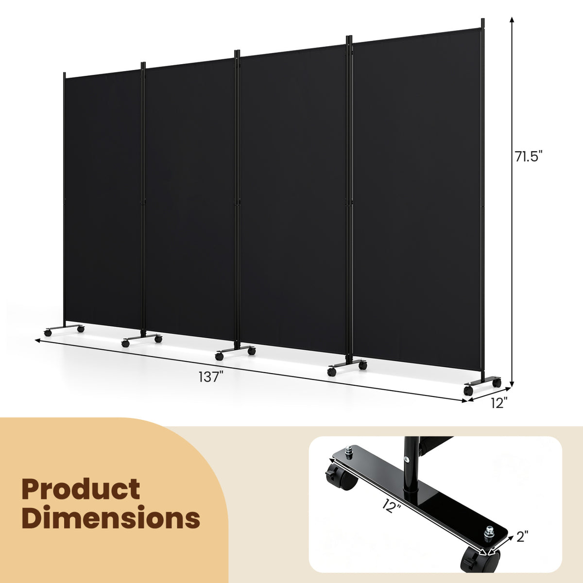4 Panel Folding Privacy Screen Room Divider with Wheels-Black