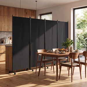 4 Panel Folding Privacy Screen Room Divider with Wheels-Black
