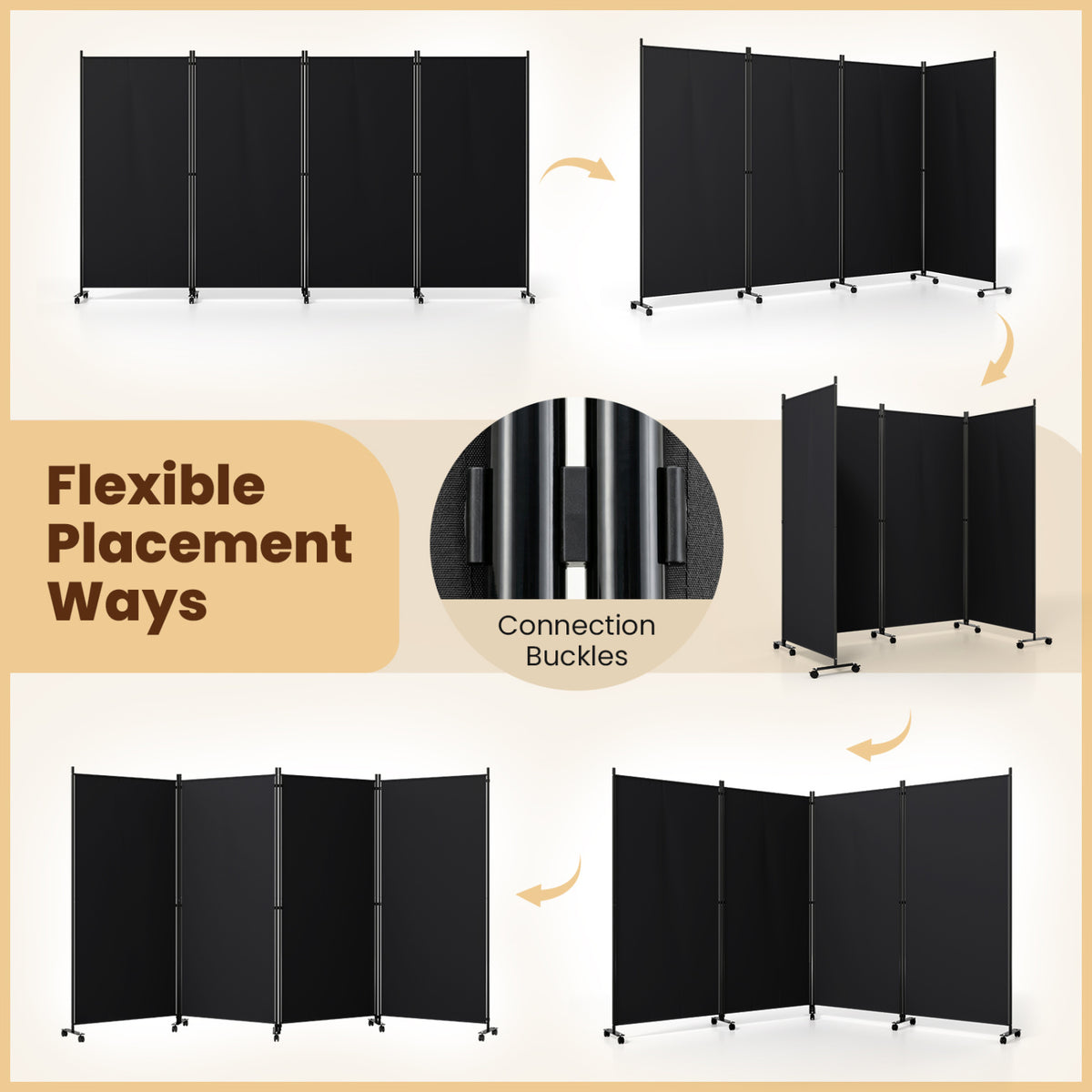 4 Panel Folding Privacy Screen Room Divider with Wheels-Black
