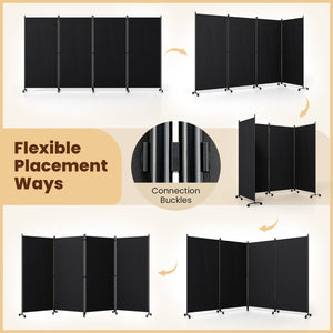 4 Panel Folding Privacy Screen Room Divider with Wheels-Black