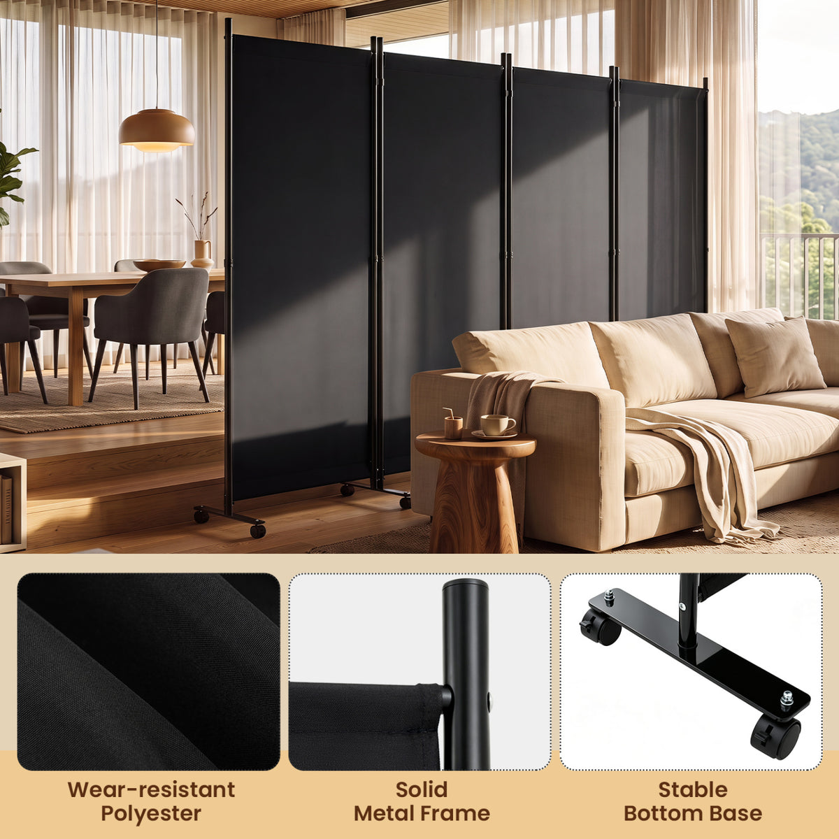 4 Panel Folding Privacy Screen Room Divider with Wheels-Black