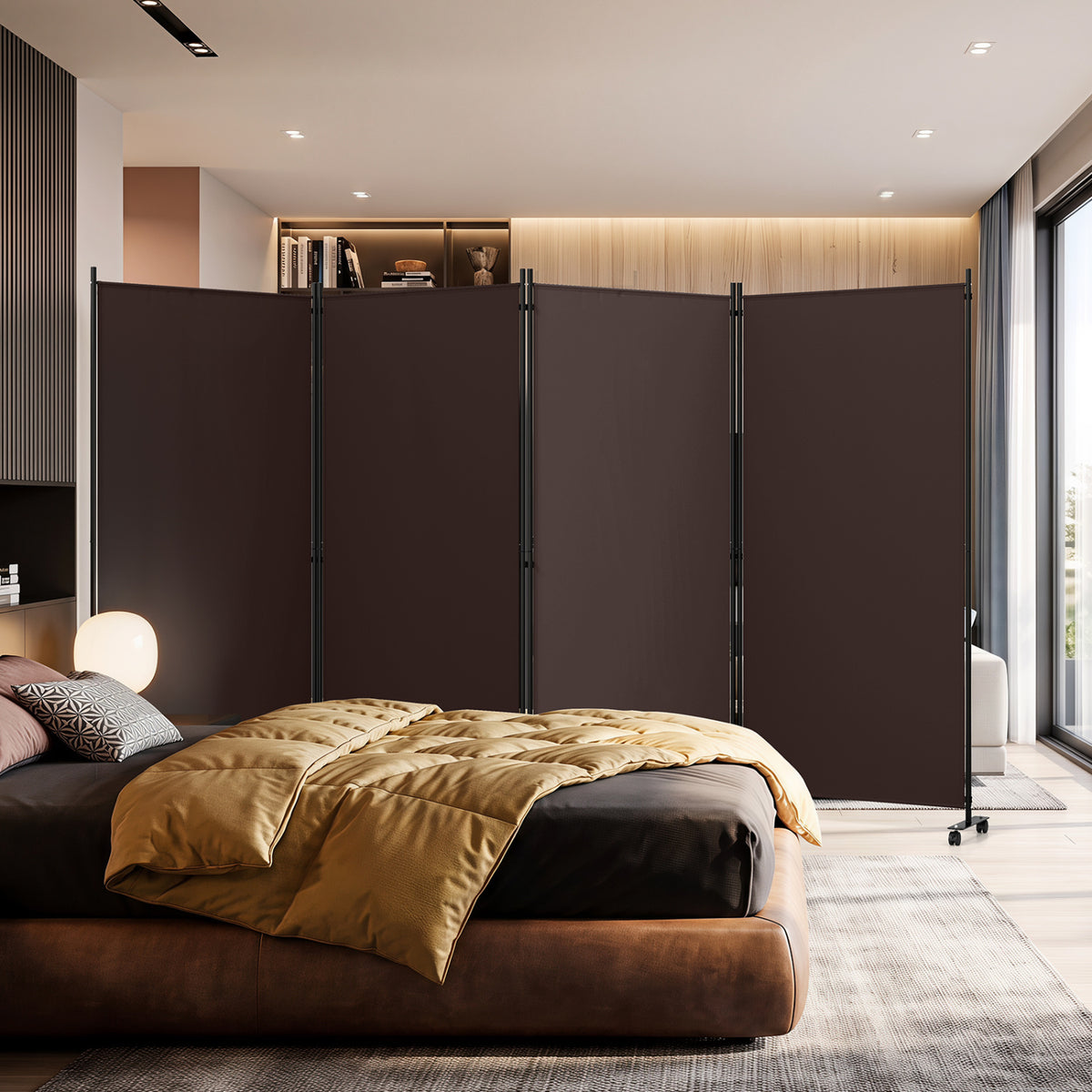 4 Panel Folding Privacy Screen Room Divider with Wheels-Brown