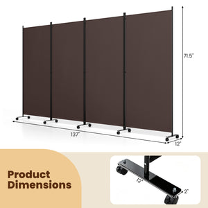 4 Panel Folding Privacy Screen Room Divider with Wheels-Brown