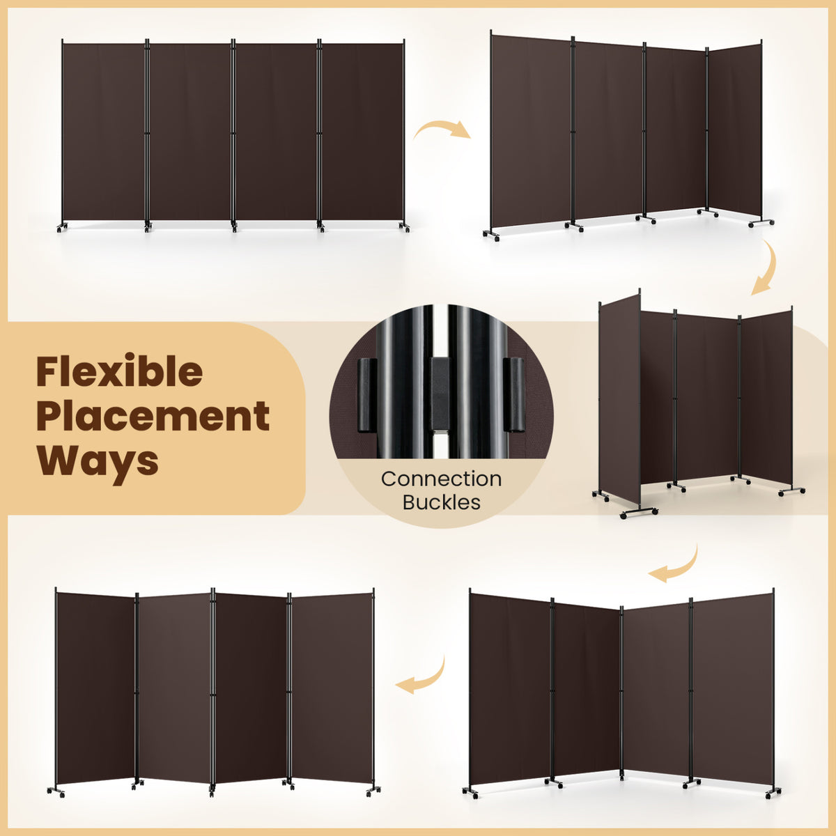 4 Panel Folding Privacy Screen Room Divider with Wheels-Brown