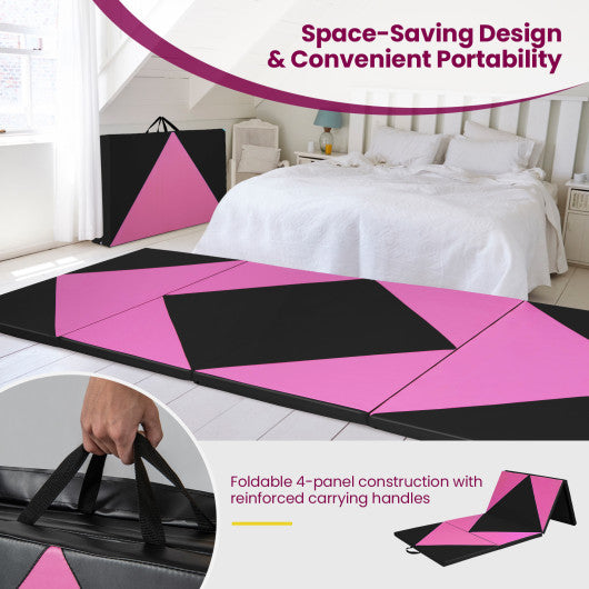 4-Panel PU Leather Folding Exercise Gym Mat with Hook and Loop Fasteners-Black & Pink