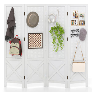 4-Panel Pegboard Display Stand Folding Room Divider with Solid Wood Frame-White